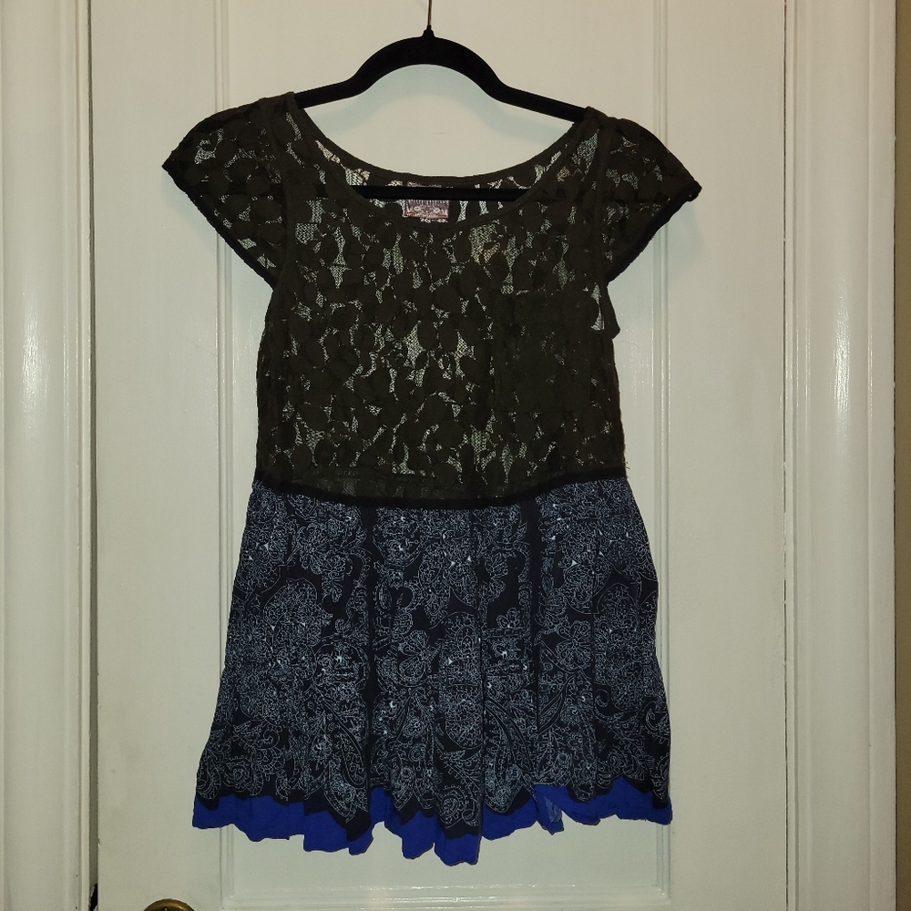 Free People Dark Green And Navy Blue Lace Top